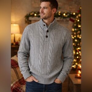 Chaps Men's M Chunky Cable Knit Mock Neck Sweater Fisherman Gray Henley Cotton